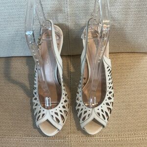 BCBG Ivory Laser-Cut Peep-Toe Slingback Heels